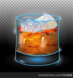 Scotch on rocks transparent.Neon cocktail with light glowing isolated on black background. Illustration of alcohol drink with transparency effect.