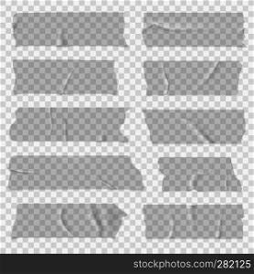 Scotch tape. Transparent adhesive tapes, grey sticky pieces. Isolated vector set. Scotch tape. Transparent adhesive tapes, sticky pieces. Isolated vector set