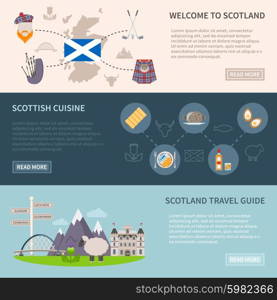 Scotland Banners Set. Scotland horizontal banners set with food drink and travel symbols flat isolated vector illustration