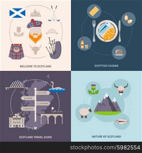 Scotland Guide Icons Set. Scotland travel guide icons set with cuisine and nature symbols flat isolated vector illustration