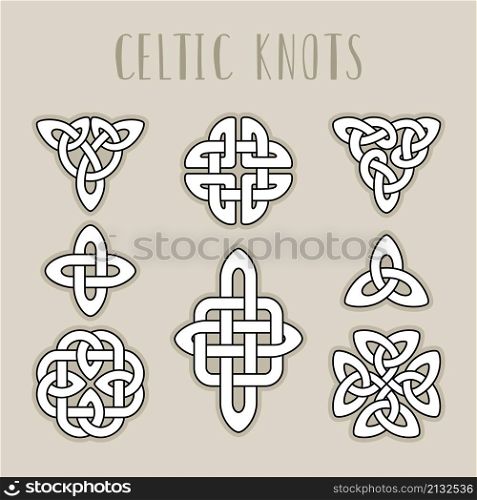 Scottish medieval symbols. Scotland celtic knot spiral signes, traditional celt braid patterns, irish endlessness signs vector ornaments, buddhist infinity elements isolated. Scottish medieval symbols. Scotland celtic knot spiral signes, traditional celt braid patterns, irish endlessness signs vector ornaments, buddhist infinity elements