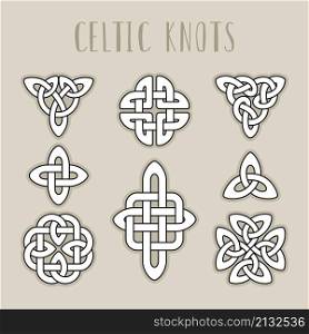 Scottish medieval symbols. Scotland celtic knot spiral signes, traditional celt braid patterns, irish endlessness signs vector ornaments, buddhist infinity elements isolated. Scottish medieval symbols. Scotland celtic knot spiral signes, traditional celt braid patterns, irish endlessness signs vector ornaments, buddhist infinity elements