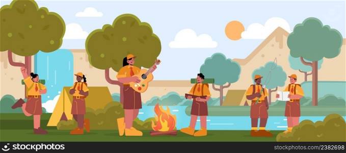 Scout boys and girls with counselor at summer c&with tents. Kids wear uniform c&ing adventure on nature. Children singing songs at fire, fishing, orienteering, Line art flat vector illustration. Scout boys and girls with counselor at summer c&