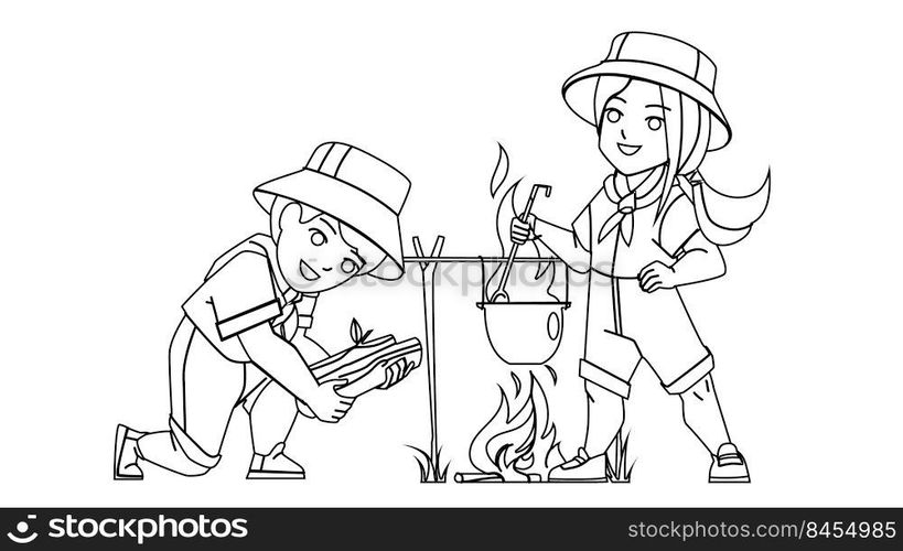 Scout C&Resting Little Boy And Girl Vector. In Scout C&Schoolboy And Schoolgirl Kindle Fire And Cooking Dish Together. Characters Children Enjoying Outdoor black line illustration. Scout C&Resting Little Boy And Girl Vector