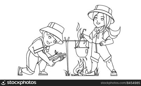 Scout C&Resting Little Boy And Girl Vector. In Scout C&Schoolboy And Schoolgirl Kindle Fire And Cooking Dish Together. Characters Children Enjoying Outdoor black line illustration. Scout C&Resting Little Boy And Girl Vector