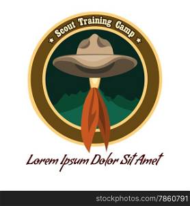 Scout camp colorful badge or logo. Drawn without meshes or gradients. Only free fonts used.