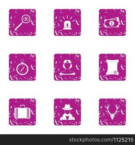 Scout icons set. Grunge set of 9 scout vector icons for web isolated on white background. Scout icons set, grunge style