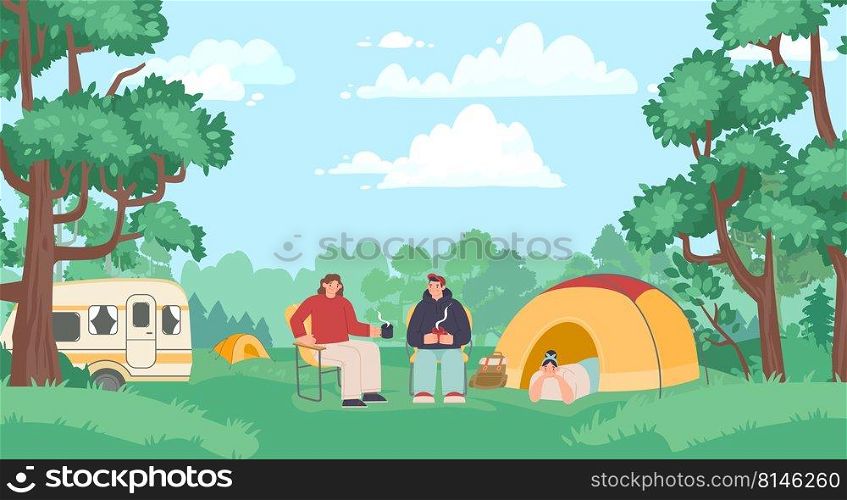 Scout kids. Female and male tourists sitting on chairs in nature and drinking tea. Woman lying in tent. Young people having vacation outdoor in forest. Cartoon characters relaxing in c&site vector. Scout kids. Female and male tourists sitting on chairs in nature and drinking tea. Woman lying in tent