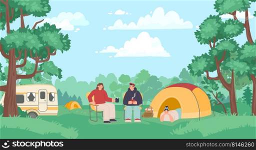 Scout kids. Female and male tourists sitting on chairs in nature and drinking tea. Woman lying in tent. Young people having vacation outdoor in forest. Cartoon characters relaxing in c&site vector. Scout kids. Female and male tourists sitting on chairs in nature and drinking tea. Woman lying in tent