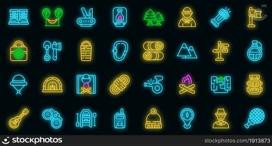 Scouting icons set. Outline set of scouting vector icons neon color on black. Scouting icons set vector neon