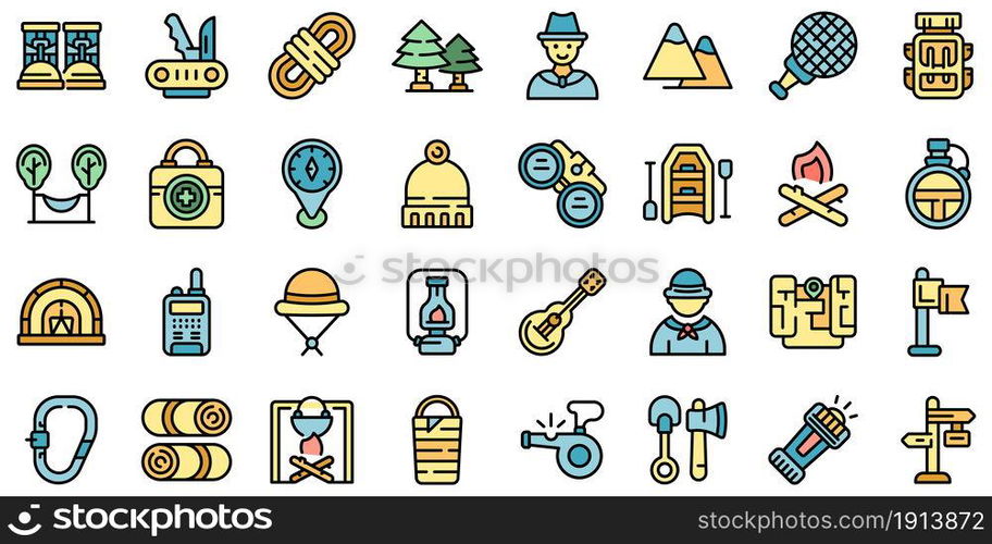 Scouting icons set. Outline set of scouting vector icons thin line color flat isolated on white. Scouting icons set line color vector