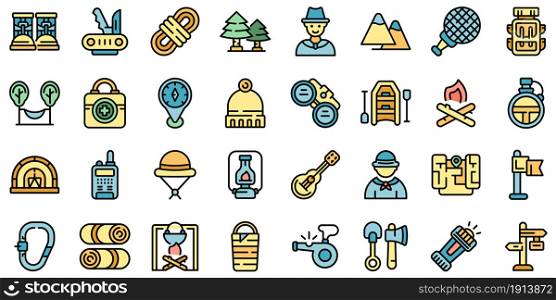 Scouting icons set. Outline set of scouting vector icons thin line color flat isolated on white. Scouting icons set line color vector
