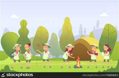 Scouts in camping. Cartoon kids at campfire in forest. Children have summer outdoor adventure. Vector illustration. Travel outdoor, scout and campfire. Scouts in camping. Cartoon kids at campfire in forest. Children have summer outdoor adventure. Vector illustration