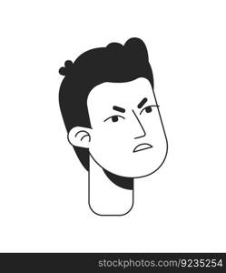 Scowling young man with furrowed brows monochrome flat linear character head. Angry guy looks up. Editable outline hand drawn human face icon. 2D cartoon spot vector avatar illustration for animation. Scowling young man with furrowed brows monochrome flat linear character head