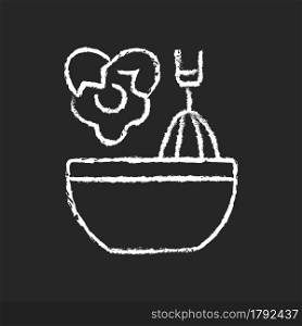 Scramble cooking ingredient chalk white icon on dark background. Beating eggs in pot. Stirring in bowl. Cooking instruction. Food preparation. Isolated vector chalkboard illustration on black. Scramble cooking ingredient chalk white icon on dark background