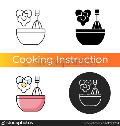 Scramble cooking ingredient icon. Beating eggs in pot. Stirring in bowl as recipe step. Cooking instruction. Food preparation. Linear black and RGB color styles. Isolated vector illustrations. Scramble cooking ingredient icon