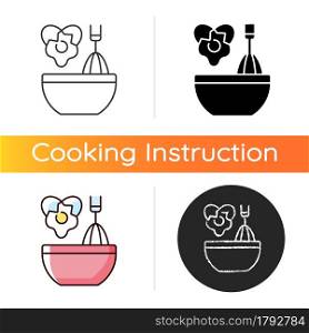 Scramble cooking ingredient icon. Beating eggs in pot. Stirring in bowl as recipe step. Cooking instruction. Food preparation. Linear black and RGB color styles. Isolated vector illustrations. Scramble cooking ingredient icon
