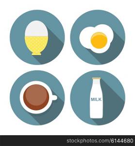 Scrambled Egg, Soft-Boiled Egg, Milk, Coffee Icon Set Vector Illustration EPS10