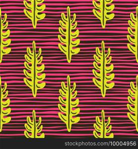 Scrapbook bright seamless pattern with bright yellow leaves branches elements print. Pink striped background. Designed for fabric design, textile print, wrapping, cover. Vector illustration.. Scrapbook bright seamless pattern with bright yellow leaves branches elements print. Pink striped background.