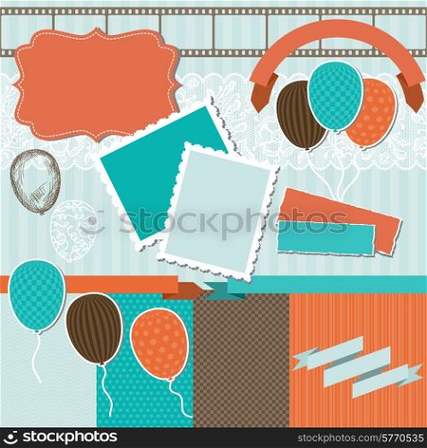 Scrapbook design elements - pattern, balloons and ribbons.