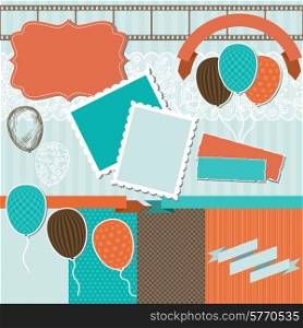 Scrapbook design elements - pattern, balloons and ribbons.