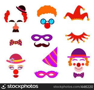 Scrapbook elements. Circus or party costumes and clown glasses and hairs. Clown circus for masquerade, glasses and costume for party. Vector illustration. Scrapbook elements. Circus or party costumes and clown glasses and hairs