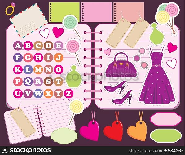 Scrapbook elements with letters and clothes.