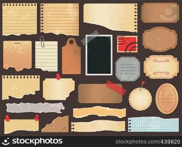 Scrapbook papers. Vintage scrapbooking paper, retro scraps pages and old antique album papers texture. Cardboard scrapbooks memo tags or notebook page. Vector illustration isolated symbols set. Scrapbook papers. Vintage scrapbooking paper, retro scraps pages and old antique album papers texture vector illustration