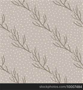 Scrapbook seamless pattern in autumn tones with simple branch shapes. Beige dotted background. Decorative backdrop for fabric design, textile print, wrapping, cover. Vector illustration.. Scrapbook seamless pattern in autumn tones with simple branch shapes. Beige dotted background.
