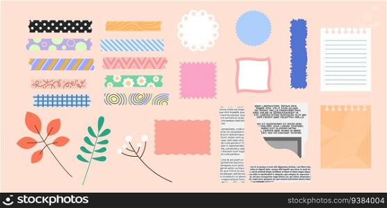 Scrapbooking elements isolated. Vector set of design objects for crafting. Journaling hobby. Collection of blank paper notes, newspaper clipping, leaves, decorative adhesive tapes. Scrapbook materials