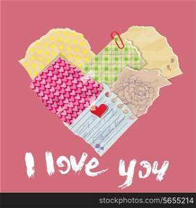 Scrapbooking Heart is made of Vintage Old Paper pieces and grunge handwritten text I love you. St Valentine&rsquo;s day design.