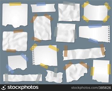 Scraps paper on adhesive tape. Vintage torn papers on sticky tapes, scrap pages frames and craft paper note page. Scrapbooking or ripped notebook page. Vector illustration isolated sign set. Scraps paper on adhesive tape. Vintage torn papers on sticky tapes, scrap pages frames and craft paper note page vector illustration