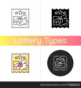 Scratch cards icon. Scratching off covering for prize reveal. Online scratch ticket. Winning money. Paper-based card for competitions. Linear black and RGB color styles. Isolated vector illustrations. Scratch cards icon