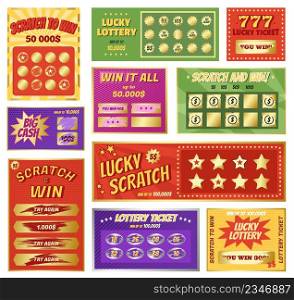Scratch cards, instant lottery card, lucky jackpot winner tickets. Lotto and bingo game winning ticket, scratchcard games vector set. Gambling concept, coupons for prize or big cash win. Scratch cards, instant lottery card, lucky jackpot winner tickets. Lotto and bingo game winning ticket, scratchcard games vector set