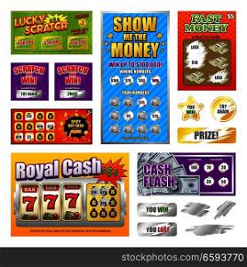 Scratch lottery games realistic cards collection with lucky winning tickets and  looser marks revealed isolated vector illustration . Scratch Lottery Cards Set 