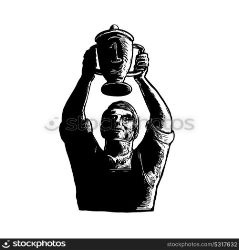 Scratchboard style illustration of a Champion Worker winning Lifting Championship trophy Cup viewed from front done on scraperboard on isolated background.. Worker Lifting Championship Cup Scratchboard