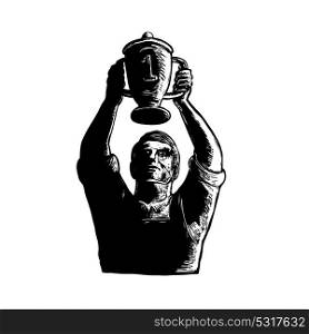 Scratchboard style illustration of a Champion Worker winning Lifting Championship trophy Cup viewed from front done on scraperboard on isolated background.. Worker Lifting Championship Cup Scratchboard