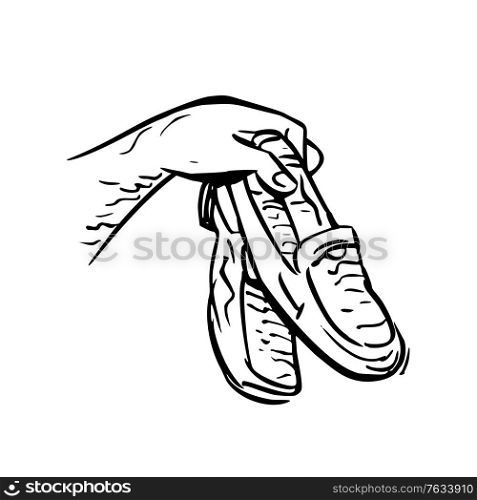 Scratchboard style illustration of a hand holding giving away a pair of loafers or slip on shoes on isolated background done in scraperboard black and white.. Hand Holding Giving Away Pair of Loafers Slip on Shoes Black and White Scratchboard Style