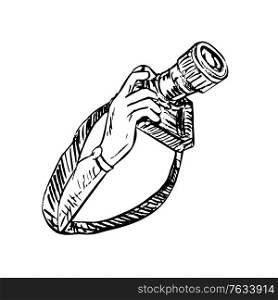 Scratchboard style illustration of a hand holding up a DSLR camera with strap on isolated background in black and white.. Hand Holding Up a DSLR Camera with Strap Scratchboard Black and White Style
