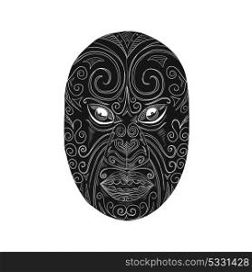 Scratchboard style illustration of a Maori mask looking fierce with mouth open and eyes protuding done on scraperboard on isolated background.. Maori Mask Scratchboard