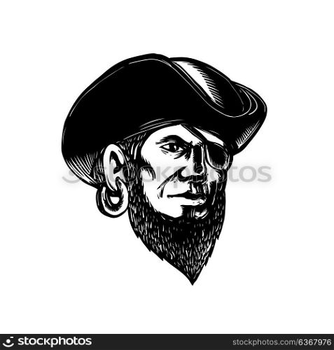 Scratchboard style illustration of a pirate wearing eye patch and tricorne hat done on scraperboard on isolated background.. Pirate Wearing Eye Patch Scratchboard