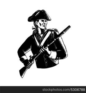 Scratchboard style illustration of an American Patriot holding musket rifle done on black and white scraperboard on isolated background.. American Patriot Scratchboard