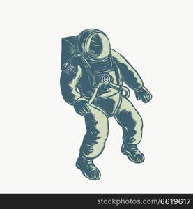 Scratchboard style illustration of an astronaut, cosmonaut or spaceman floating in spacdone on scraperboard on isolated background.. Astronaut Floating in Space Scratchboard