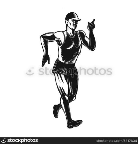 Scratchboard style illustration of an athlete race walker walking or racewalking, a long-distance discipline within the sport of athletics done on scraperboard on isolated background.. Race Walking Side Scratchboard