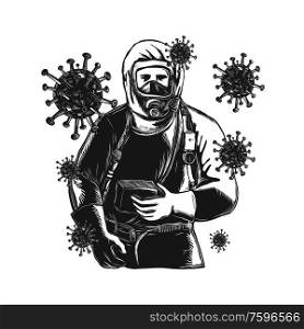 Scratchboard style illustration of an EMT,Emergency Medical Technician, firefighter, Paramedic, researcher, Worker Wearing Hazmat Suit done on scraperboard on isolated background.. Coronavirus With Doctor Wearing Protective Suit Woodcut