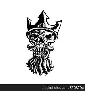 Scratchboard style illustration of Skull of Neptune wearing a trident crown viewed from front done on scraperboard on isolated background.. Skull of Neptune Sratchboard