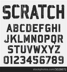 Scratched alphabet font template. Vintage letters and numbers grunge texture design. Vector illustration.. Scratched alphabet font template. Scratched alphabet font template