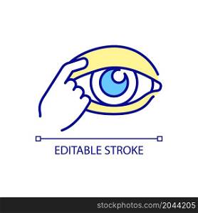 Scratching eye RGB color icon. Do eyelid massage. Implementing instruction. Preoperative phase of surgery. Isolated vector illustration. Simple filled line drawing. Editable stroke. Scratching eye RGB color icon