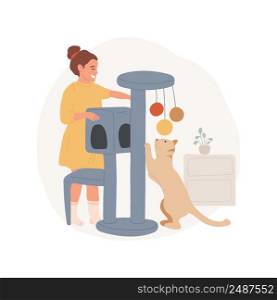 Scratching post isolated cartoon vector illustration. Happy cat playing with scratching post, child sitting and watching, pet accessories and toys, domestic animal routine vector cartoon.. Scratching post isolated cartoon vector illustration.