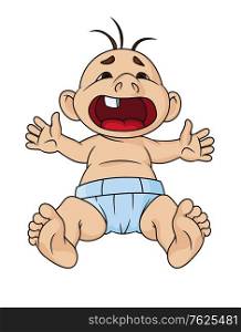 Screaming baby having a temper tantrum with a wide open mouth with a single tooth, cartoon style. Screaming baby having a temper tantrum